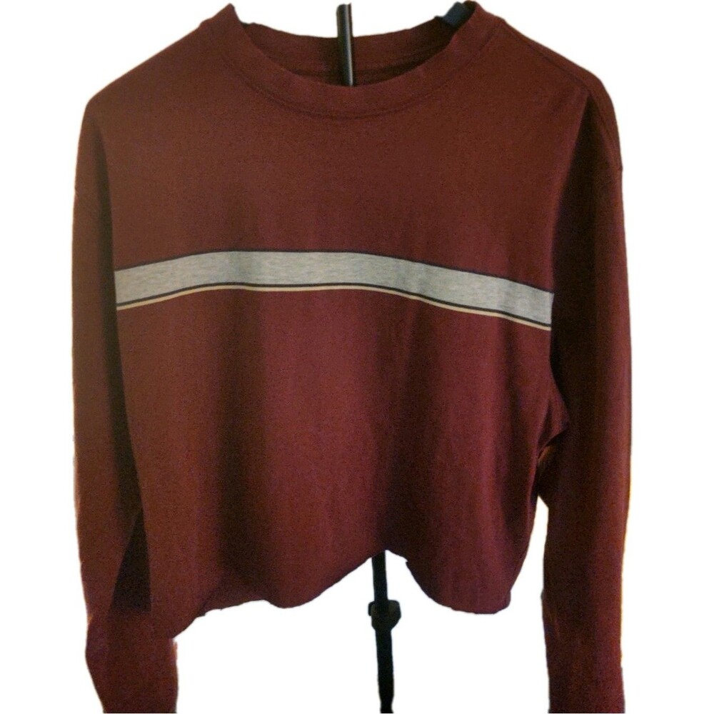 Puritan Long Sleeve Striped Burgundy Cropped Shirt Size Large Women's Cotton